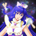 Head, shoulders, upper chest of Holy Aura, young magical girl with indigo hair